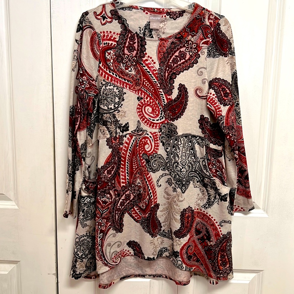 Chico’s Tan Red Black Paisley Print Long Sleeve High Low Pocket knit Tunic Top S